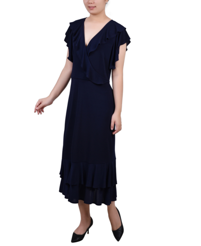 Shop Ny Collection Petite Flutter Sleeve Ruffle Midi Dress In Navy