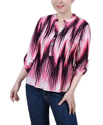 Shop Ny Collection Petite 3/4 Roll Tab Sleeve Printed Pintuck Top In Pink Ligia