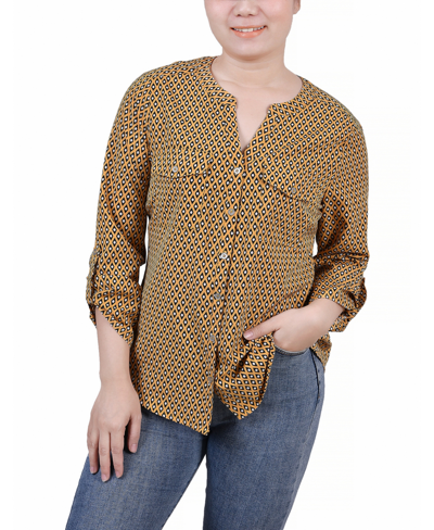 Shop Ny Collection Petite 3/4 Sleeve Roll Tab Y Neck Blouse In Golden-tone Black Lil Elle
