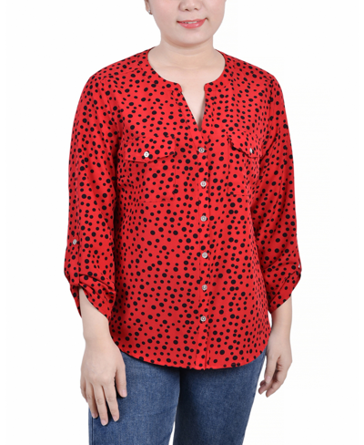 Ny Collection Women's 3/4 Roll Tab Sleeve Mandarin Collar Blouse In Ski Patrol Black Icemoon