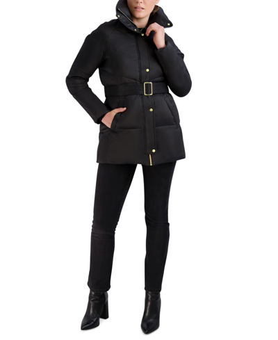 Shop Cole Haan Petite Belted Hooded Puffer Coat In Black