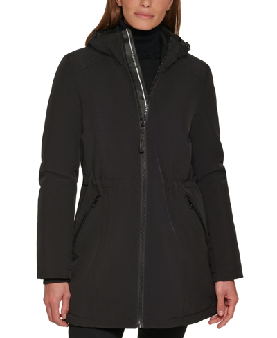 Shop Calvin Klein Women's Petite Hooded Faux-fur-lined Anorak Raincoat In Black