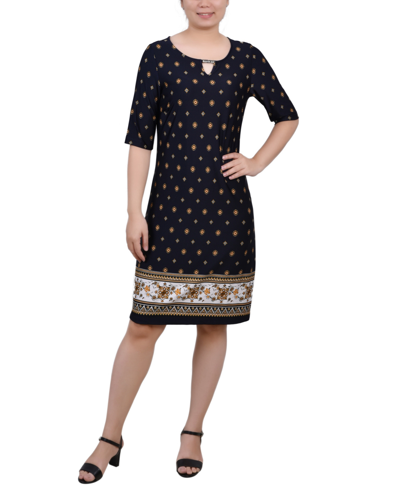Shop Ny Collection Petite Elbow Sleeve Knee Length Dress With Hardware In Navy Taupe Floral