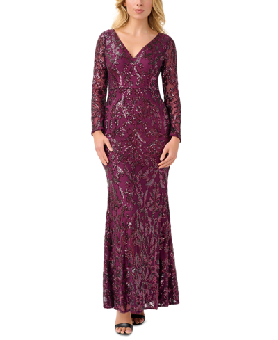 Shop Adrianna Papell Petite V-neck Long-sleeve Sequin Gown In Cassis