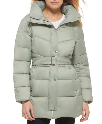 Shop Cole Haan Petite Belted Hooded Puffer Coat In Sage