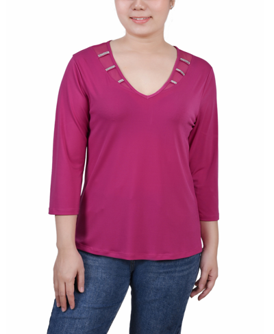 Ny Collection Women's 3/4 Sleeve Tunic With Illusion Neckline And Stones In Pink