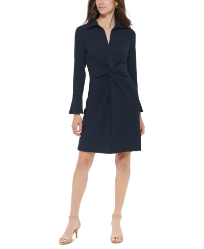 Shop Tommy Hilfiger Petite Ribbed Knit Bell-sleeve Shirtdress In Sky Captain