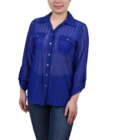 Ny Collection Petite Long Roll Tab Sleeve Burnout Knit Top In Blue