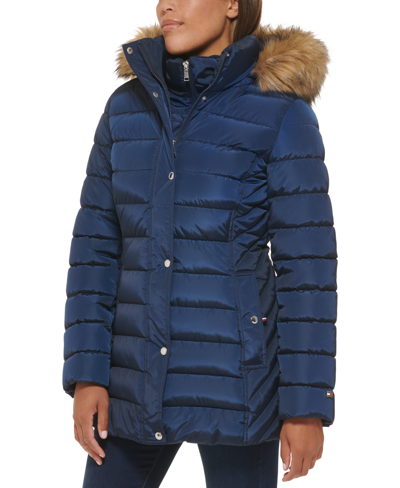 Shop Tommy Hilfiger Petite Faux-fur-trim Hooded Puffer Coat, Created For Macy's In Navy