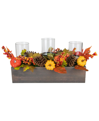 Shop Northlight Pumpkin Berry And Pine Cone Fall Harvest Triple Pillar Candle Holder, 27" In Orange