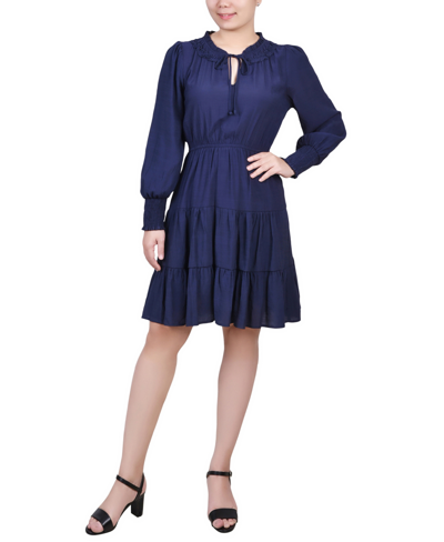 Shop Ny Collection Petite Long Sleeve Tiered Dress With Ruffled Neck In Navy