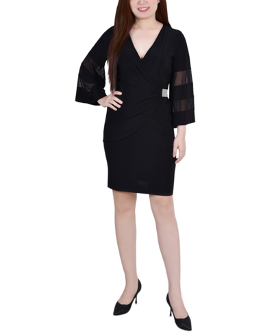Shop Ny Collection Petite Sheer-sleeve Wrap Dress In Black