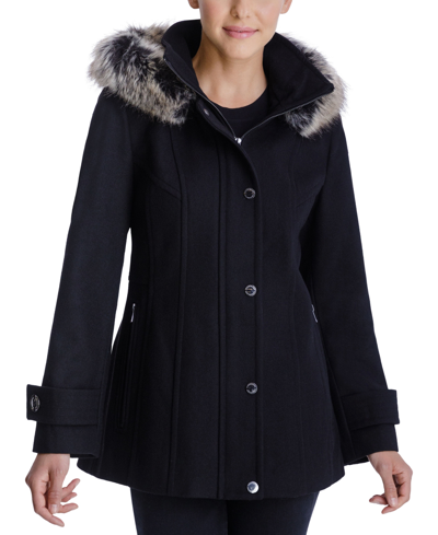 Shop London Fog Petite Faux-fur-trim Hooded Walker Coat In Black