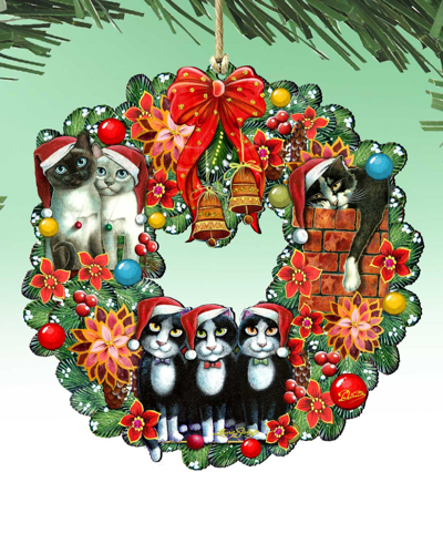 Designocracy Christmas Friends Kitty Wreath Holiday Ornaments, Set Of 2 In Multi Color
