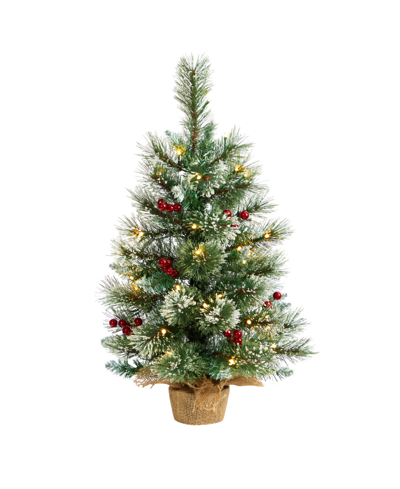 Nearly Natural Snow Tipped Pine And Berry Artificial Christmas Tree With 35 Warm Led Lights In Burlap Base, 2' In Green