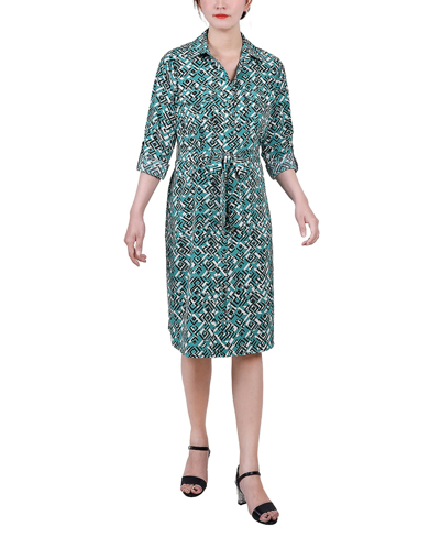 Shop Ny Collection Petite Printed Long Sleeve Roll Tab Shirtdress In Green Diatribe