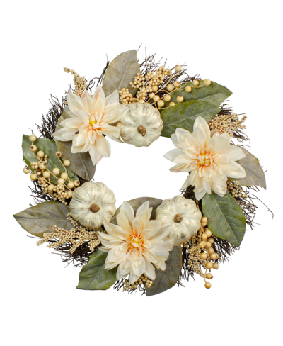 Northlight Dahlia And Pumpkin Fall Artificial Floral Wreath, 22" In White