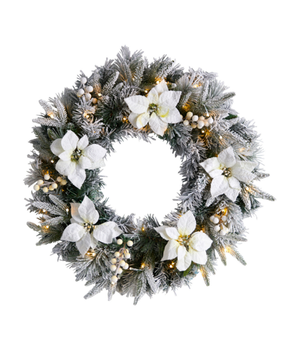 Shop Nearly Natural Flocked Poinsettia And Pine Artificial Christmas Wreath With 50 Warm Led Lights, 24" In Green