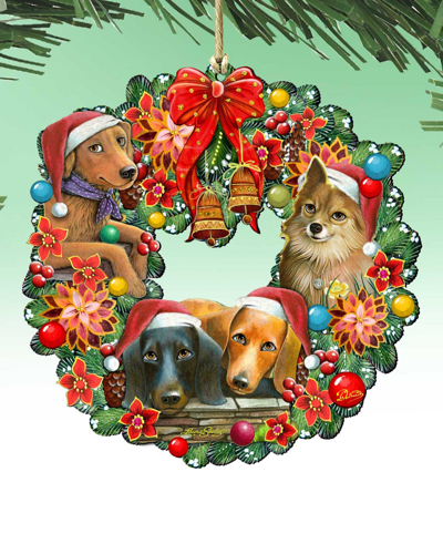 Designocracy Christmas Friends Puppy Wreath Holiday Ornaments, Set Of 2 In Multi Color