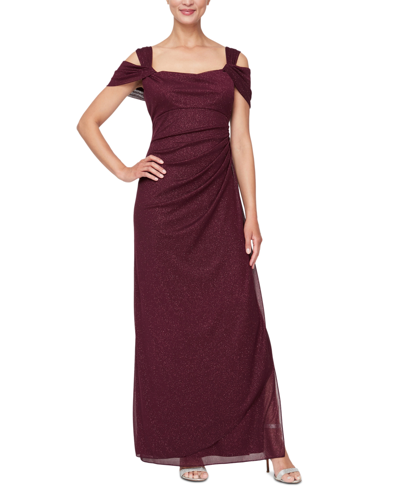 Shop Alex Evenings Cold-shoulder Draped Metallic Gown In Fig