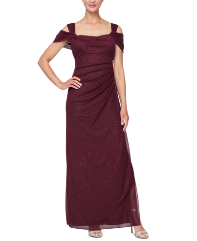 Alex Evenings Cold Shoulder Ruffle Glitter Chiffon Gown In Purple