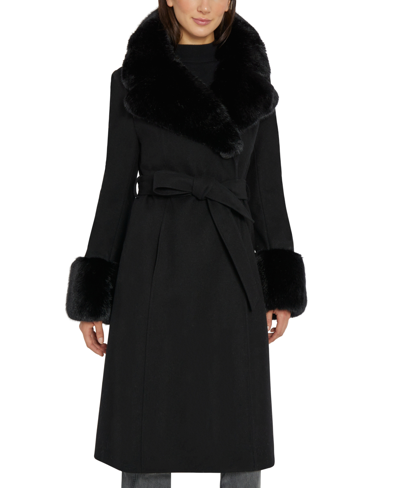 Shop Via Spiga Petite Faux-fur-trim Belted Wrap Coat In Black