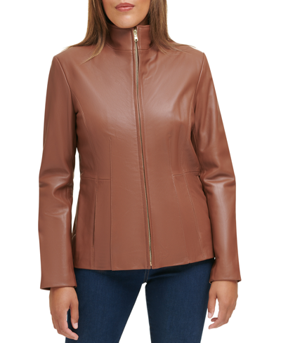Shop Cole Haan Women's Petite  Leather Coat In Hickory