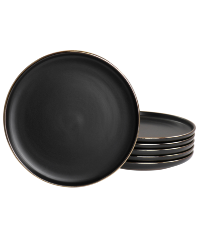 Elama Paul 6pc Stoneware Salad Plate Set In Matte Black With Gold Rim
