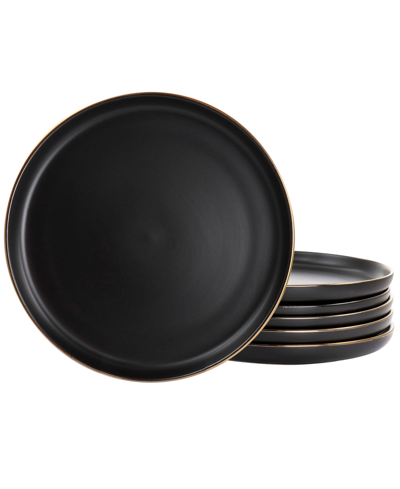 Elama Paul 6pc Stoneware Salad Plate Set In Matte Black With Gold Rim