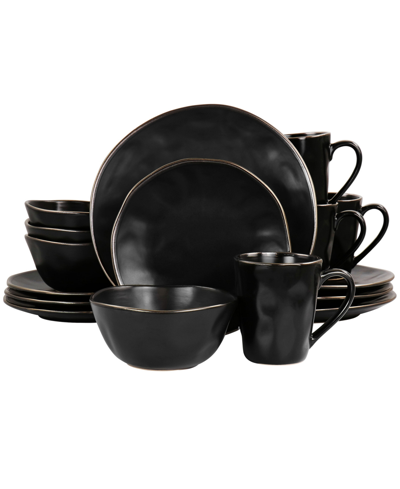 Elama Textured, Uneven Dimpled Design Emilio 16 Piece Stoneware Dinnerware Set, Service For 4 In Matte Black With Gold Rim