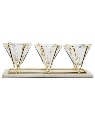 Classic Touch 3 Sectional Glass Relish Dish With Brass And Marble Base In Gold-tone