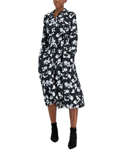 Shop Alfani Petite Printed Tie-waist Shirtdress, Created For Macy's In Black Floral Flow