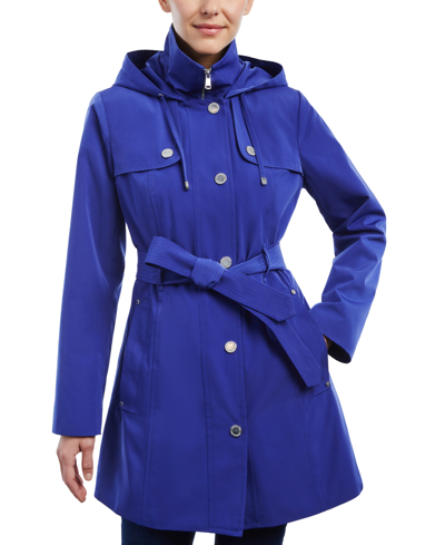 Shop London Fog Petite Hooded Belted Raincoat In Indigo