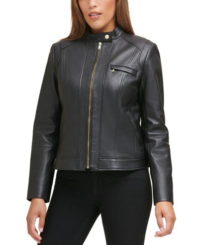 Shop Cole Haan Women's Petite Leather Moto Jacket In Black