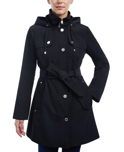 Shop London Fog Petite Hooded Belted Raincoat In Black