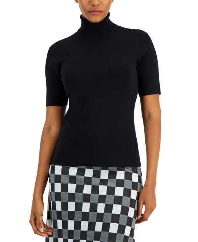 Shop Anne Klein Petite Half-sleeve Turtleneck Sweater In Anne Black