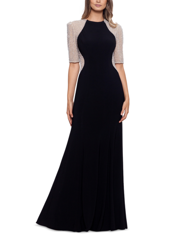 Shop Xscape Petite Beaded-sleeve Gown In Black Nude Silver