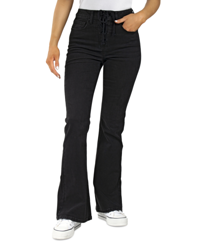 Shop Indigo Rein Juniors' Lace-up Flared-leg Denim Jeans, Created For Macy's In Black