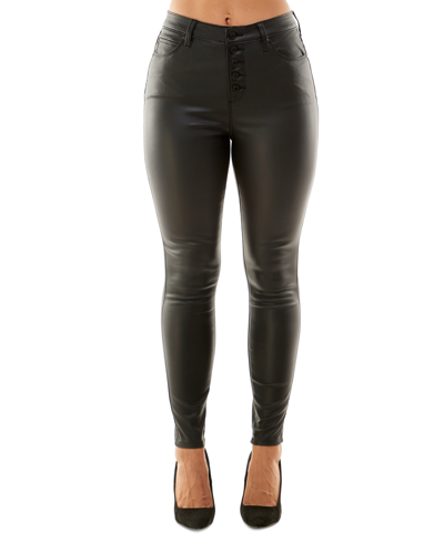 Shop Almost Famous Crave Fame Juniors' Faux-leather Exposed-button High-rise Skinny Jeans In Black