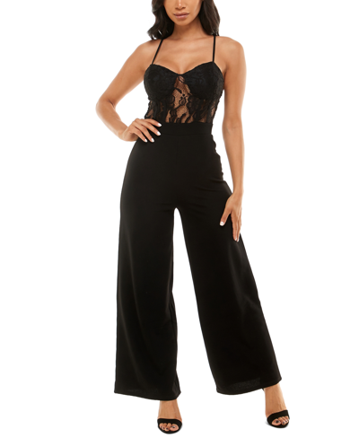 Shop Almost Famous Juniors' Lace-bodice Jumpsuit In Blk