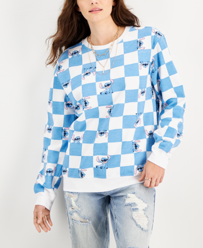 Shop Disney Juniors' Stitch Checkered Sweatshirt In White/blue