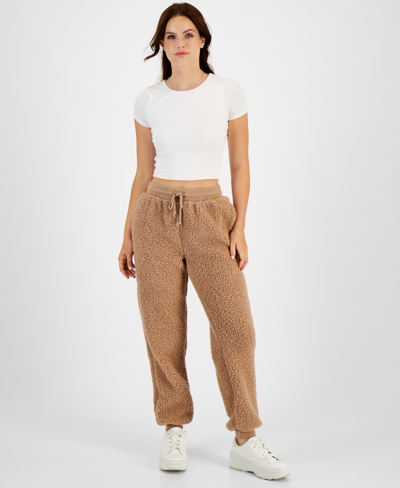 Hippie Rose Juniors Sherpa Drawstring Jogger Pants In Brown