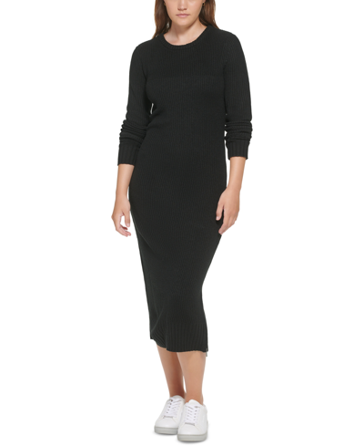 Shop Calvin Klein Jeans Est.1978 Women's Ribbed Long Sleeve Crewneck Side Slit Dress In Black