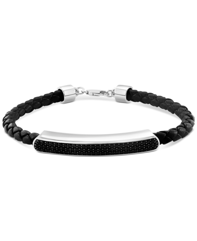 Shop Effy Collection Effy Men's Black Spinel Leather Cord Bracelet (1-1/3 Ct. T.w.) Sterling Silver