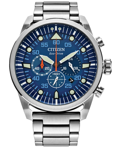 Shop Citizen Eco-drive Men's Chronograph Avion Weekender Stainless Steel Bracelet Watch 45mm In Blue