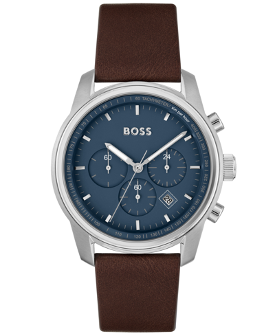 Shop Hugo Boss Men's Trace Brown Genuine Leather Strap Watch, 44mm