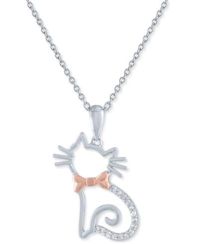 Macy's Diamond Accent Cat With Bowtie Pendant Necklace In Sterling Silver & 14k Rose Gold-plate, 16" + 2" E In Sterling Silver
