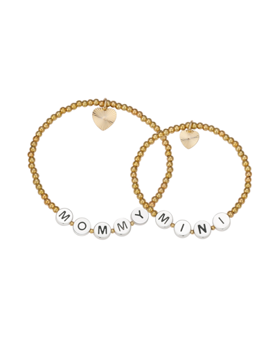Shop Unwritten "mommy" And "mini" Diamond-cut Heart Beaded Stretch Bracelet Set In 14k Gold Flash-plated In K Gold Plated/two-tone