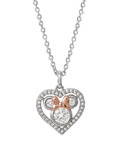 Disney Cubic Zirconia Minnie Mouse Pendant Necklace In Sterling Silver & 18k Rose Gold-plate, 16" + 2" Exte In Silver