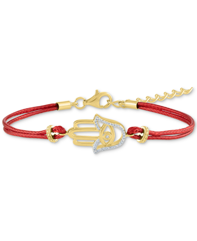 Shop Macy's Diamond Accent Hamsa Hand Red Cord Bracelet In Sterling Silver Or 14k Gold-plated Sterling Silver